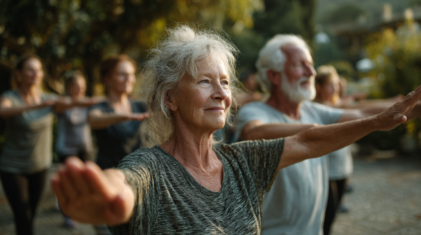 Seniori practicând yoga în natură